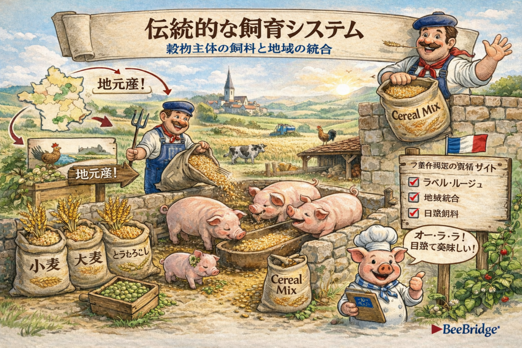 フランスの伝統的な豚肉のスタイルと生産方法 フランスの豚肉生産は、長年にわたり確立された農業システムに根ざしており、そこでは飼料、地域特有の飼育方法、そして加工の伝統が密接に結びついています。急速な成長と均一な生産量を優先する一般的な豚肉生産システムとは異なり、フランスの豚肉、特に伝統的で品質重視の生産プログラムで生産される豚肉は、管理された飼料管理、緩やかな成長サイクル、そして飼料組成と最終的な肉質との強い相関関係によって特徴づけられています。この生産モデルは、脂肪の質、食感、風味の安定性、そして一般的な日本料理における調理法に影響を与えるため、日本の輸入業者にとって直接的な意味を持ちます。 飼料システム：穀物ベースの飼料と地域との連携 フランスの飼料管理は体系化され、規制されています。豚の大部分は、小麦、大麦、トウモロコシを主成分とする穀物ベースの飼料で飼育され、エンドウ豆やソラマメなどの豆類が補助的に用いられることもよくあります。これらの飼料は通常、地元で調達され、地域の農業サイクルを強化し、投入飼料の品質の一貫性を確保しています。ラベル・ルージュなどの高級生産システムでは、飼料配合がより厳密に管理され、特定の添加物を排除したり、自然な成長リズムを重視したりしています。その結果、脂肪組成がより安定し、特にスライス、グリル、高温調理において重要な、硬さと溶けやすさのバランスが取れた状態になります。 脂肪組成と調理性能 飼料と脂肪品質の関係は、フランス産豚肉を理解する上で中心的な要素です。穀物を主原料とした飼料は、工業用飼料に大きく依存するシステムに比べて、よりクリーンで中性的な脂肪プロファイルをもたらします。これにより、過剰な水分放出や分解がなく、予測可能な形で脂肪が溶け出し、均一な焼き色と風味の発達を促します。焼肉、炒め物、とんかつといった日本料理においては、調理中のコントロール性の向上、縮みの低減、そして仕上がりの食感の改善につながります。また、脂肪は肉本来の風味を損なうことなく、風味を運ぶ役割を果たし、バランスと明瞭さを重視する日本人の食感にも合致します。 動物福祉と食肉の安定性 飼料組成に加え、飼育環境も最終的な食肉品質に影響を与えます。フランスの飼育システムは、集約的な工業型モデルに比べて、動物1頭あたりのスペースを広く確保し、ストレスの少ない環境づくりを重視しています。すべての生産が放牧型や屋外型であるわけではありませんが、認証を受けた地域プログラムでは、取り扱いと動物福祉において明確な違いが示されています。ストレスレベルが低いほど筋肉のpH値が安定し、色、保水性、構造的完全性に影響を及ぼします。これらの要素は、外観の一貫性と製品性能が厳しく評価される市場において非常に重要です。 加工の伝統：加工を標準とする手法 伝統的なフランス産豚肉は、動物の飼育方法だけでなく、食肉の加工方法によっても特徴づけられます。フランスのシステムは、主に生の枝肉を輸出するのではなく、歴史的に加工、つまり塩漬け、熟成、そしてすぐに調理に使えるように肉をカットすることに重点を置いてきました。もともと保存のために開発されたこの手法は、洗練された加工技術へと発展しました。ジャンボン、ラルドン、ソーシソン、テリーヌ、パテといった製品は豚肉消費の中心であり、それぞれが安定した原材料の品質に依存する独自の製法によって作られています。 製品形態と調理用途 日本の輸入業者にとって、この加工技術は大きな利点となります。フランスの豚肉製品は、多くの場合、最終用途に合わせた形態で輸入されるため、さらなる加工を必要としません。ラルドンは、脂肪と肉の比率が管理され、カットも標準化されているため、炒め物、パスタ、ご飯料理などにそのまま使用できます。伝統的な熟成方法で作られたジャンボンは、水注入式のものよりもしっかりとした食感と安定したスライス性能を備えており、小売および外食産業の両方に適しています。 乾燥熟成製品とポーションベースの消費 ソーシソンなどの乾燥熟成製品は、フランスの豚肉がポーションベースの消費パターンにどのように適合するかを示す好例です。これらの製品は常温保存が可能で、簡単にポーション分けでき、少しずつ消費できるように設計されています。この構造は、少量ずつシェアして食べるという日本の食文化の嗜好とよく合致しています。テリーヌやパテは、食感や見た目の均一性を保ち、百貨店や専門店などの高級小売環境にも適しているため、このモデルをさらに強化します。 ポーション文化と日常的な利用 フランスの豚肉の伝統では、大量の料理ではなく、少量ずつ繰り返し食べ、日々の食事に取り入れることが重視されます。このアプローチは、複数の小皿料理と一定のポーションを重視する日本の食事構造とよく似ています。豚肉を予測可能で使いやすい形態で提供することで、ばらつきを減らすことができます。