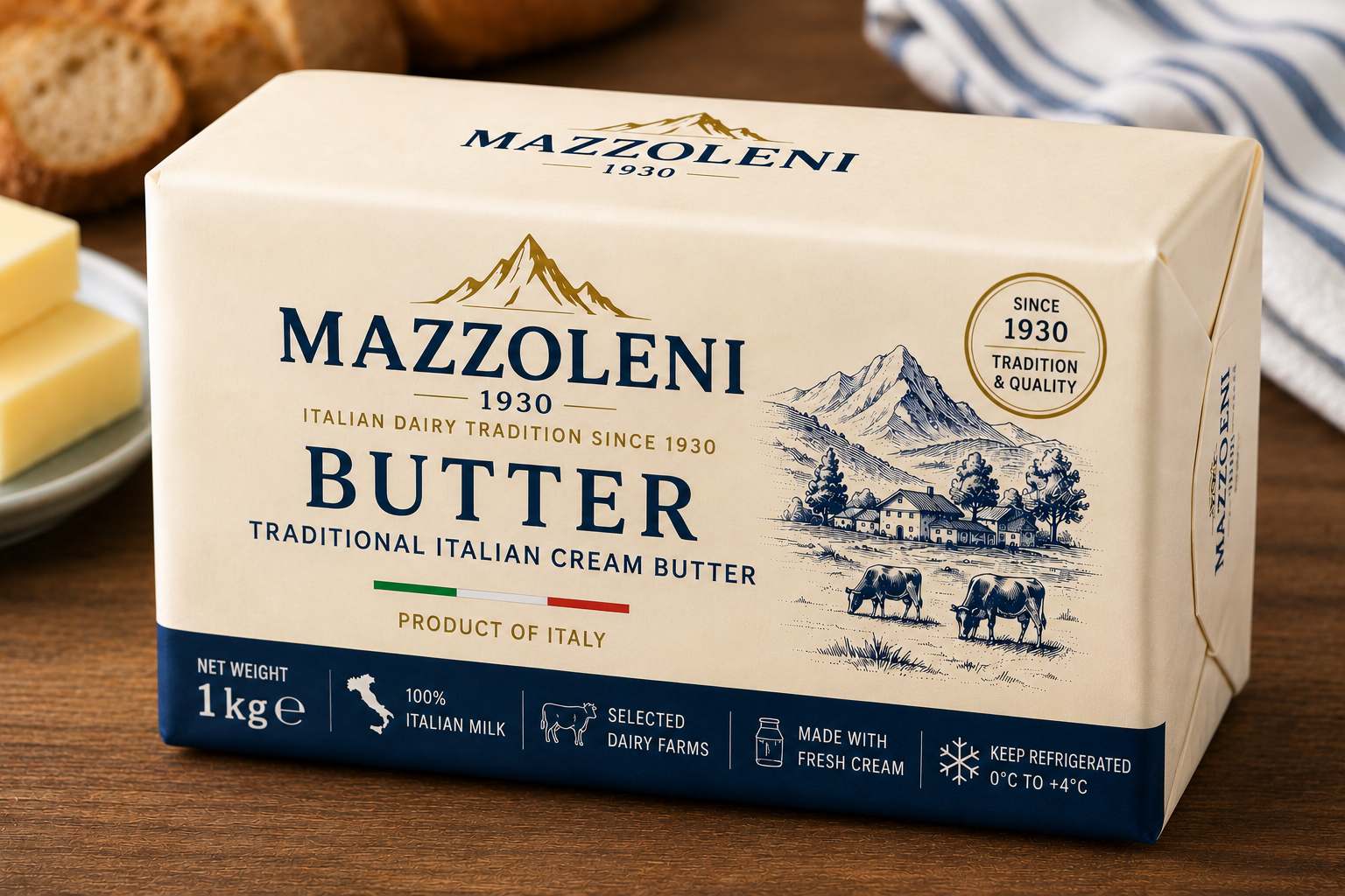 Unsalted Butter 1kg Block Italian Mountain Gress Fed | Mazzoleni Formaggi MOQ 100KG