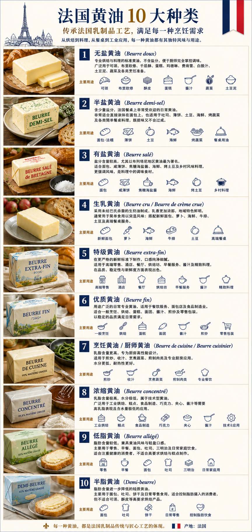 1. 无盐黄油（Beurre doux） 无盐黄油是糕点、烘焙、酱汁和烹饪的标准专业黄油，因为它能让厨师完全掌控调味。它用于制作羊角面包、奶油蛋卷、酥皮点心、蛋糕、玛德琳蛋糕、费南雪蛋糕、白葡萄酒黄油酱、土豆泥、蔬菜以及一般的厨房烹饪。 2. 半咸黄油（Beurre demi-sel） 半咸黄油略带咸味，在法国广泛用于直接涂抹面包食用。它非常适合搭配法棍面包、吐司、可丽饼、土豆、海鲜、烤蔬菜以及简单的餐桌菜肴。它能增添风味，而不会过于咸。 3. 咸黄油（Beurre salé） 咸黄油的咸味更浓郁，尤其与布列塔尼地区联系紧密。它用于制作面包、法式薄饼、咸焦糖黄油酱、海鲜、烤土豆以及乡村风味菜肴。它更像是一种调味品，而非一种味道中性的烹饪黄油。 4. 生奶油黄油（Beurre cru / Beurre de crème crue） 生奶油黄油由未经巴氏杀菌的奶油制成，以其浓郁的奶香和地域特色而备受推崇。它通常用于简单的烹饪，以突出其风味：例如新鲜面包、萝卜、海鲜、牛排的最后调味、土豆以及高端餐桌服务。 5. 特级细腻黄油（Beurre extra-fin） 特级细腻黄油在更严格的保鲜条件下生产，以其纯净的风味和细腻的质地而著称。它适用于高端零售、酒店、餐厅、糕点厨房、早餐服务、酱汁制作以及对品质和新鲜度要求较高的精致烹饪。 6. 细腻黄油（Beurre fin） 细腻黄油是一种用途广泛的日常专业黄油，适用于餐饮服务、烘焙和制造业。它适用于一般烹饪、糕点制作、蛋糕制作、面团制作、酱汁制作、煎炒以及零售等场合，在这些场合，可靠的品质比超高端定位更为重要。 7. 烹饪黄油/厨师黄油（Beurre de cuisine / Beurre cuisinier） 烹饪黄油脂肪含量较高，专为厨房烹饪而设计。它适用于煎炒、酱汁调味、烹饪蔬菜、平底锅煎炸以及对低水分和良好热性能要求较高的专业餐饮服务。 8. 浓缩黄油（Beurre concentré） 浓缩黄油乳脂含量极高，用于工业糕点、烘焙、食品制造、巧克力、馅料、酱汁以及其他需要高乳脂性能且水分含量极低的应用。它更像是一种技术性原料，而非普通的餐桌黄油。 9. 低脂黄油（Beurre allégé） 低脂黄油适用于希望涂抹口感更轻盈但仍保留黄油特性的消费者。它主要用于零售、早餐、面包、吐司、三明治以及家庭日常轻度使用。对于专业的糕点制作或烘焙而言，它通常不是首选。 10. 半脂黄油（Demi-beurre） 半脂黄油是一种脂肪含量显著降低的轻质黄油。它主要用于涂抹面包、吐司、饼干以及日常零售。对于注重饮食健康的消费者来说，半脂黄油是一个不错的选择，但它并不适合制作羊角面包、酥皮点心或进行高强度烘焙。