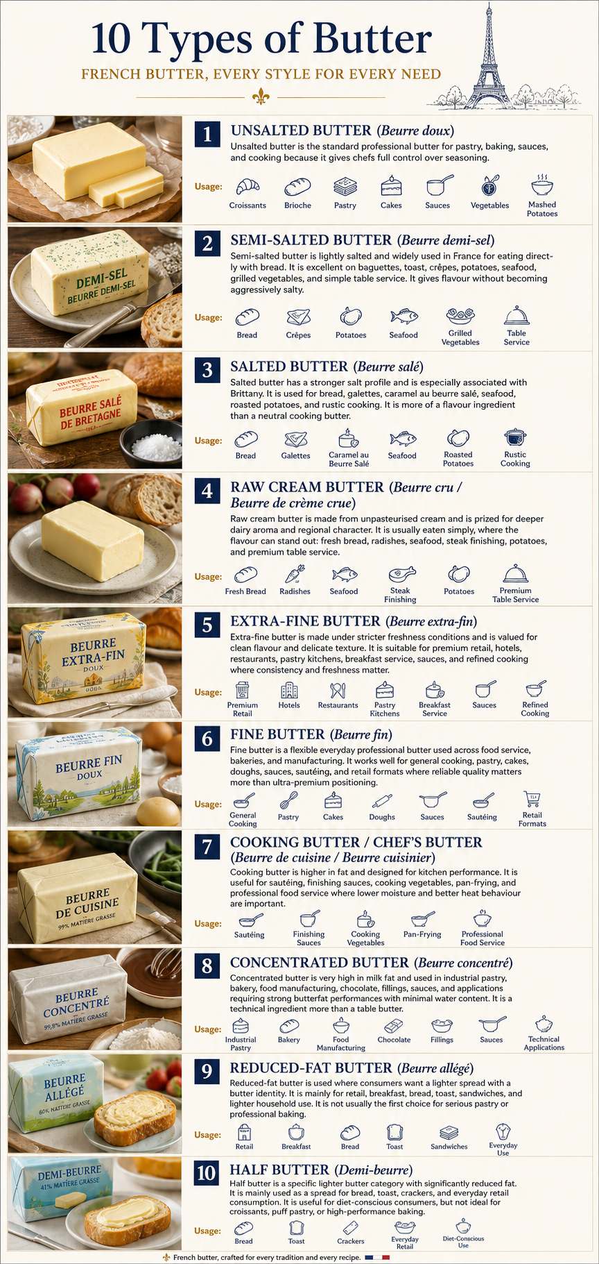 Butter Types — English / French / Usage 1. Unsalted Butter (Beurre doux) Unsalted butter is the standard professional butter for pastry, baking, sauces, and cooking because it gives chefs full control over seasoning. It is used for croissants, brioche, puff pastry, cakes, madeleines, financiers, beurre blanc, mashed potatoes, vegetables, and general kitchen preparation. 2. Semi-Salted Butter (Beurre demi-sel) Semi-salted butter is lightly salted and widely used in France for eating directly with bread. It is excellent on baguettes, toast, crêpes, potatoes, seafood, grilled vegetables, and simple table service. It gives flavour without becoming aggressively salty. 3. Salted Butter (Beurre salé) Salted butter has a stronger salt profile and is especially associated with Brittany. It is used for bread, galettes, caramel au beurre salé, seafood, roasted potatoes, and rustic cooking. It is more of a flavour ingredient than a neutral cooking butter. 4. Raw Cream Butter (Beurre cru / Beurre de crème crue) Raw cream butter is made from unpasteurised cream and is prized for deeper dairy aroma and regional character. It is usually eaten simply, where the flavour can stand out: fresh bread, radishes, seafood, steak finishing, potatoes, and premium table service. 5. Extra-Fine Butter (Beurre extra-fin) Extra-fine butter is made under stricter freshness conditions and is valued for clean flavour and delicate texture. It is suitable for premium retail, hotels, restaurants, pastry kitchens, breakfast service, sauces, and refined cooking where consistency and freshness matter. 6. Fine Butter (Beurre fin) Fine butter is a flexible everyday professional butter used across food service, bakeries, and manufacturing. It works well for general cooking, pastry, cakes, doughs, sauces, sautéing, and retail formats where reliable quality matters more than ultra-premium positioning. 7. Cooking Butter / Chef’s Butter (Beurre de cuisine / Beurre cuisinier) Cooking butter is higher in fat and designed for kitchen performance. It is useful for sautéing, finishing sauces, cooking vegetables, pan-frying, and professional food service where lower moisture and better heat behaviour are important. 8. Concentrated Butter (Beurre concentré) Concentrated butter is very high in milk fat and used in industrial pastry, bakery, food manufacturing, chocolate, fillings, sauces, and applications requiring strong butterfat performance with minimal water content. It is a technical ingredient more than a table butter. 9. Reduced-Fat Butter (Beurre allégé) Reduced-fat butter is used where consumers want a lighter spread with a butter identity. It is mainly for retail, breakfast, bread, toast, sandwiches, and lighter household use. It is not usually the first choice for serious pastry or professional baking. 10. Half Butter (Demi-beurre) Half butter is a specific lighter butter category with significantly reduced fat. It is mainly used as a spread for bread, toast, crackers, and everyday retail consumption. It is useful for diet-conscious consumers, but not ideal for croissants, puff pastry, or high-performance baking.