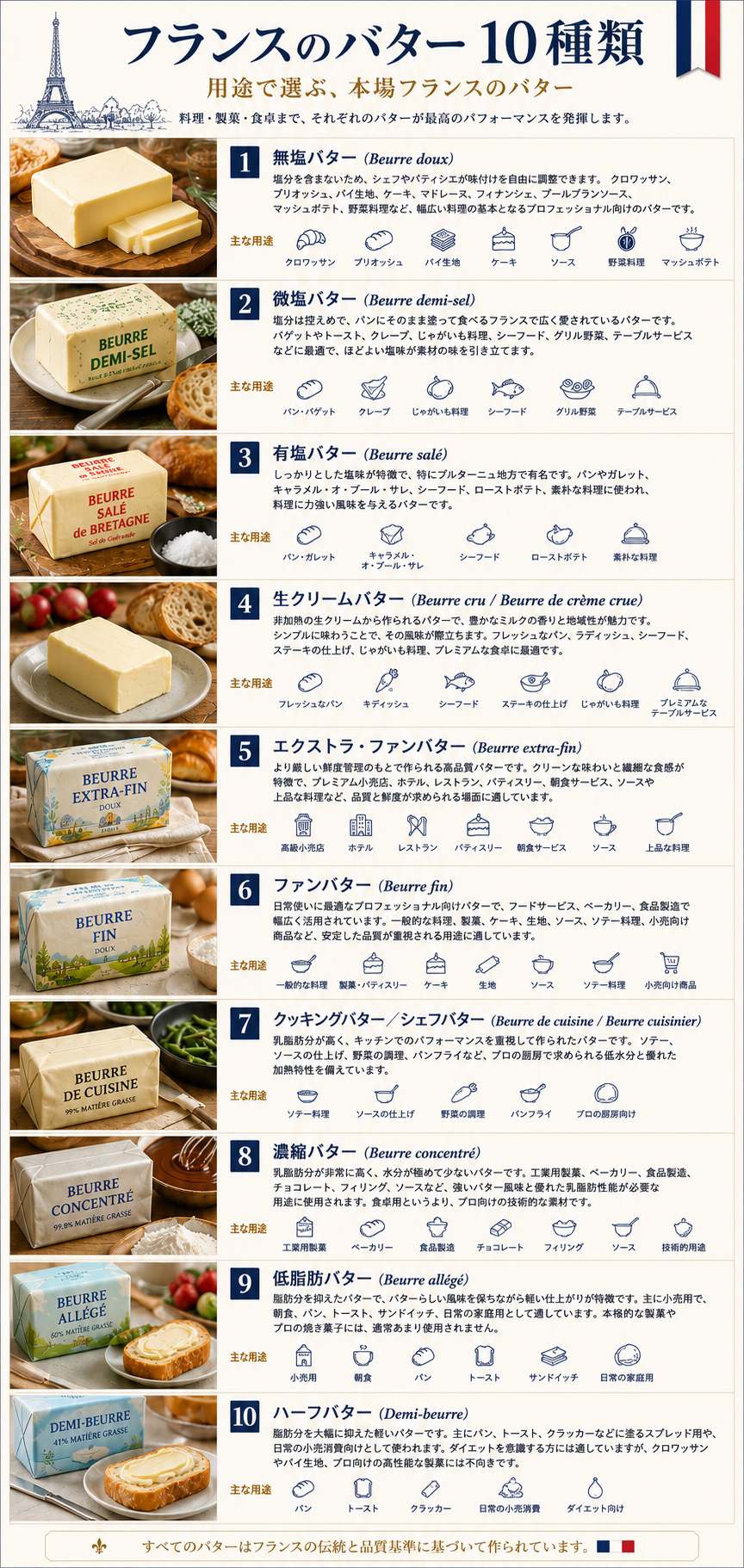 1. 無塩バター(ブール・ドゥー)
無塩バターは、製菓、製パン、ソース作り、料理など、あらゆる用途において標準的なプロ用バターです。シェフが味付けを自在にコントロールできるからです。クロワッサン、ブリオッシュ、パイ生地、ケーキ、マドレーヌ、フィナンシェ、ブールブラン、マッシュポテト、野菜、そして一般的な調理に使われます。
2. セミソルトバター(ブール・ドゥミセル)
セミソルトバターは塩味が控えめで、フランスではパンに塗ってそのまま食べるのに広く使われています。バゲット、トースト、クレープ、ポテト、シーフード、グリル野菜、そしてシンプルな食卓料理に最適です。塩辛くなりすぎず、風味を添えてくれます。
3. 有塩バター(ブール・サレ)
有塩バターは塩味が強く、特にブルターニュ地方でよく使われます。パン、ガレット、キャラメル・オ・ブール・サレ、シーフード、ローストポテト、そして素朴な料理に使われます。クセのない調理用バターというよりは、風味付けの材料として使われます。
4. 生クリームバター(Beurre cru / Beurre de crème crue)
生クリームバターは、低温殺菌されていないクリームから作られ、より深い乳製品の香りと地域特有の風味が特徴です。通常は、その風味が際立つシンプルな料理、例えば焼きたてのパン、ラディッシュ、魚介類、ステーキの仕上げ、ジャガイモ料理、高級レストランなどで使用されます。
5. エクストラファインバター(Beurre extra-fin)
エクストラファインバターは、より厳格な鮮度管理のもとで製造され、すっきりとした風味と繊細な食感が特徴です。高級小売店、ホテル、レストラン、製菓店、朝食サービス、ソース、そして品質と鮮度が重要な洗練された料理に適しています。
6. ファインバター(Beurre fin)
ファインバターは、食品サービス、ベーカリー、製造業など、幅広い分野で日常的に使用される汎用性の高いプロ仕様のバターです。一般的な料理、製菓、ケーキ、生地作り、ソース作り、ソテー、そして超高級品としての位置づけよりも信頼できる品質が求められる小売業など、幅広い用途に適しています。
7. クッキングバター/シェフズバター(Beurre de cuisine / Beurre cuisinier)
クッキングバターは脂肪分が高く、調理性能を重視して作られています。ソテー、ソースの仕上げ、野菜の調理、フライパン焼き、そして水分量が少なく熱伝導性に優れていることが求められる業務用食品サービスなどに適しています。
8. 濃縮バター(Beurre concentré)
濃縮バターは乳脂肪分が非常に高く、工業用製菓、製パン、食品製造、チョコレート、フィリング、ソース、そして水分量を最小限に抑えつつ高いバター脂肪分性能が求められる用途に使用されます。テーブルバターというよりは、むしろ技術的な材料として用いられます。
9. 低脂肪バター(Beurre allégé)
低脂肪バターは、バター本来の風味を保ちつつ、より軽い食感を求める消費者に用いられます。主に小売、朝食、パン、トースト、サンドイッチ、そして家庭での軽い用途向けです。本格的な製菓やプロのベーキングには、通常第一選択肢とはなりません。
10. ハーフバター(Demi-beurre)
ハーフバターは、脂肪分を大幅に減らした、より軽い食感のバターです。主にパン、トースト、クラッカーなどのスプレッドとして、また日常的な小売消費に用いられます。健康志向の消費者には便利ですが、クロワッサン、パイ生地、あるいは高性能なベーキングには適していません。